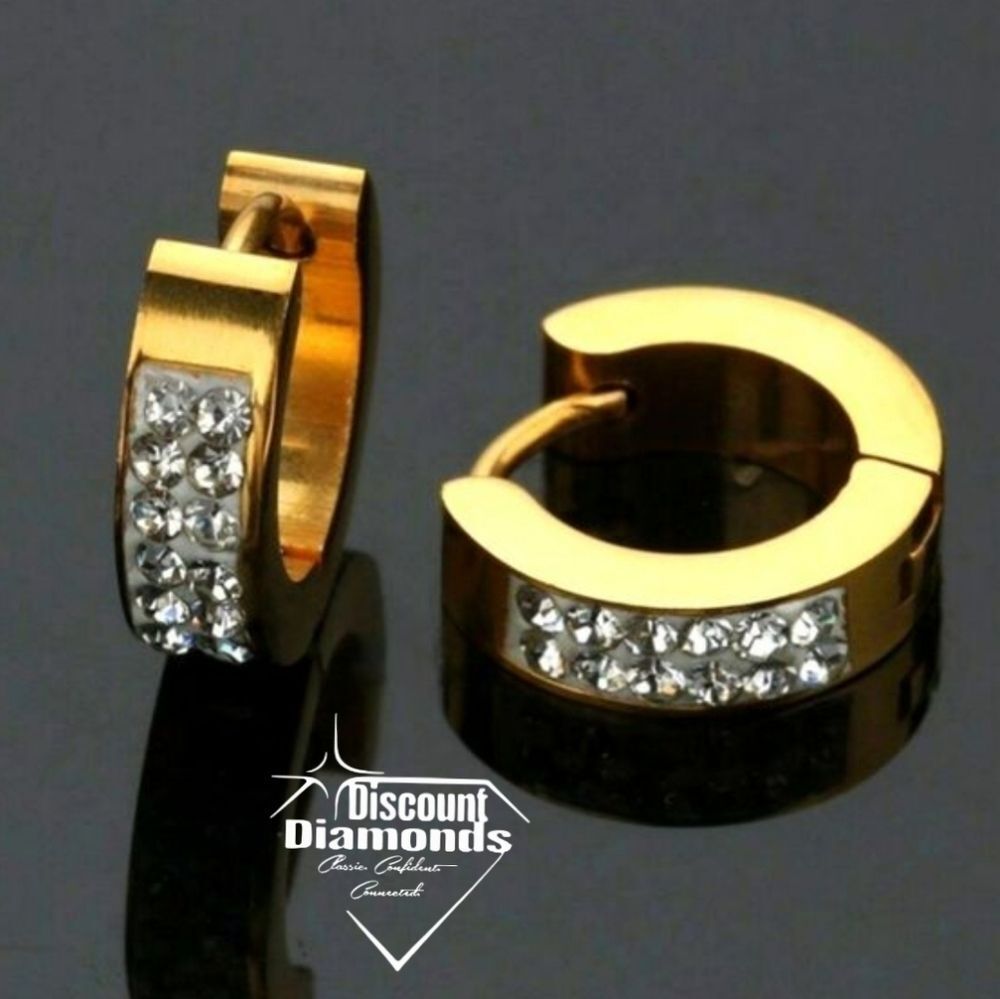 18K Yellow Gold White Baguette Diamond Hoop / Huggie Earrings on Stainless Steel